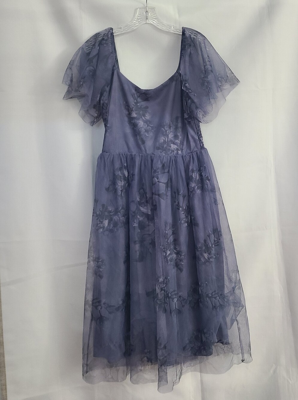 Baltic Born Sz L Slate Blue Floral Tulle Wedding Fairy Smocked Back Midi Dress